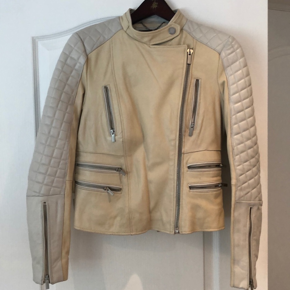 Beige and Cream BCBG leather moto jacket